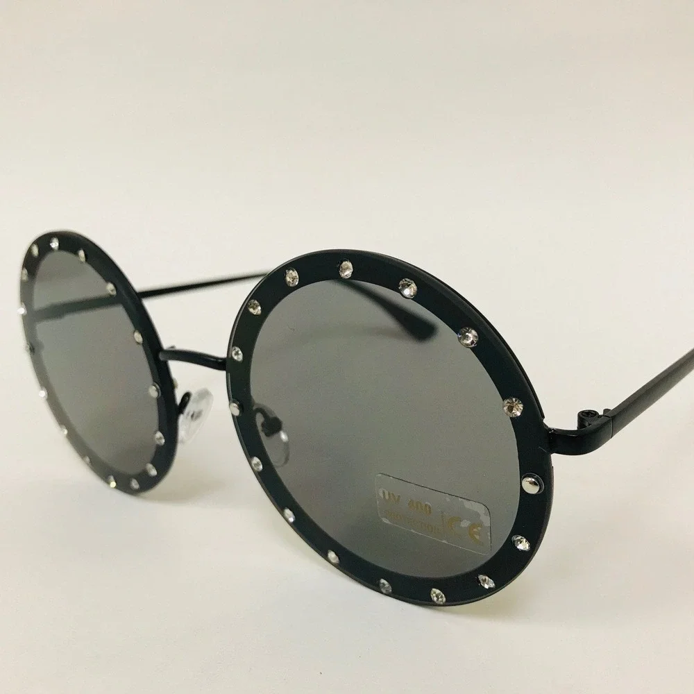 Rhinestone Sunglasses Round Circle Frame‎ UV400 Protection Fashion Shades Lentes